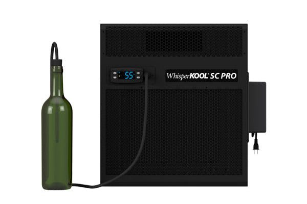 WhisperKOOL SC PRO 3000 Self-Contained Wine Cellar Refrigeration unit with a digital temperature display showing 55 and a green wine bottle attached by a probe.