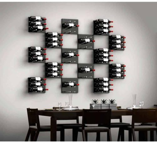 Fusion Wine Wall Panel Label Forward Black Acrylic 3 Bottles Example 1