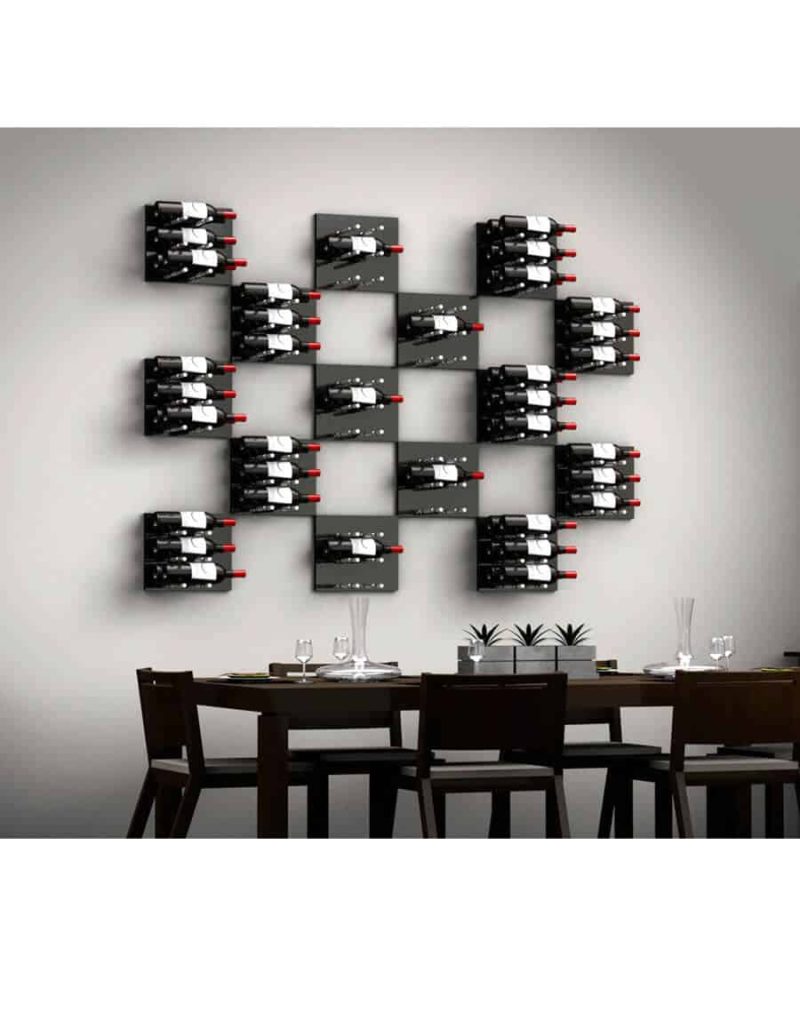 Fusion Wine Wall Panel Label Forward Black Acrylic 3 Bottles Example 1