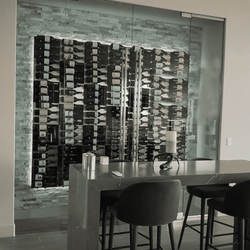 Fusion Wine Wall Panel Label Forward Black Acrylic 3 Bottles Example 2