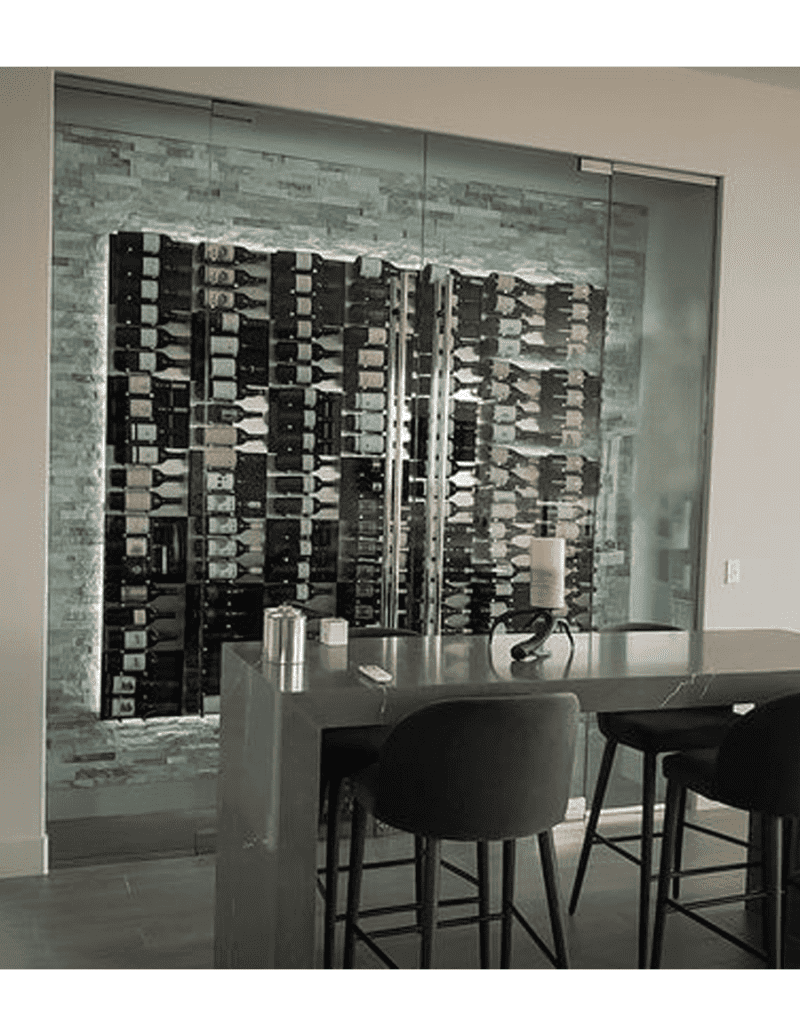 Fusion Wine Wall Panel Label Forward Black Acrylic 3 Bottles Example 2