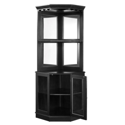 Premium Corner Bar Cabinet with Storage Space and Wine Stem Holders Black 2